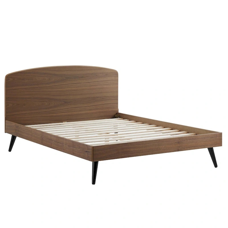 Cama plataforma de madera tamaño queen con cabecero arqueado