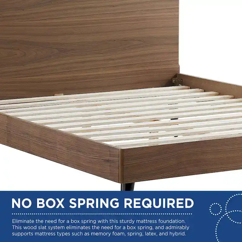 Lit plateforme en bois, taille queen, avec tête de lit cintrée
