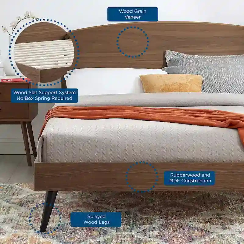 Lit plateforme en bois, taille queen, avec tête de lit cintrée