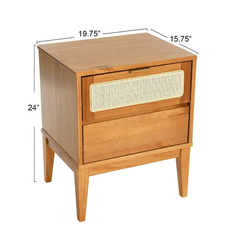 Mesa de noche de madera maciza con dos cajones y frentes de ratán