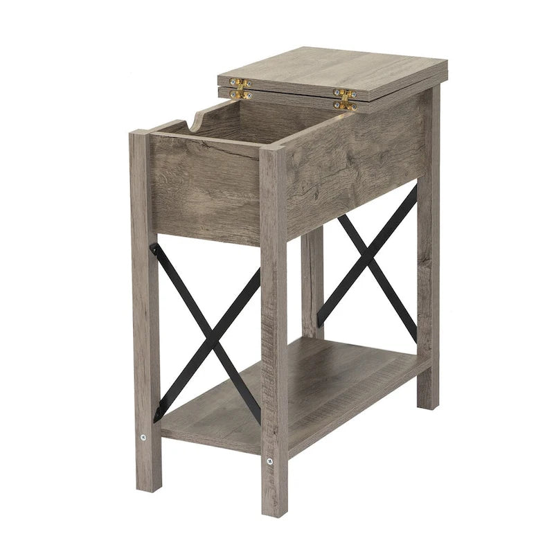 Mesa auxiliar gris estilo granja con tapa abatible, cajón y puertos de carga