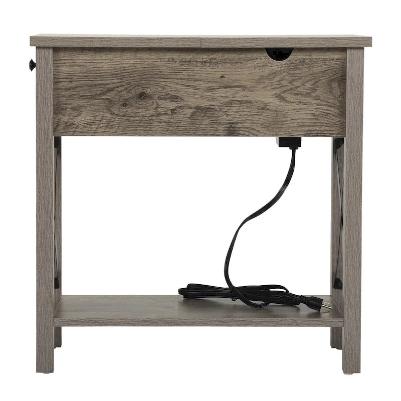 Mesa auxiliar gris estilo granja con tapa abatible, cajón y puertos de carga