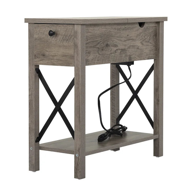 Mesa auxiliar gris estilo granja con tapa abatible, cajón y puertos de carga