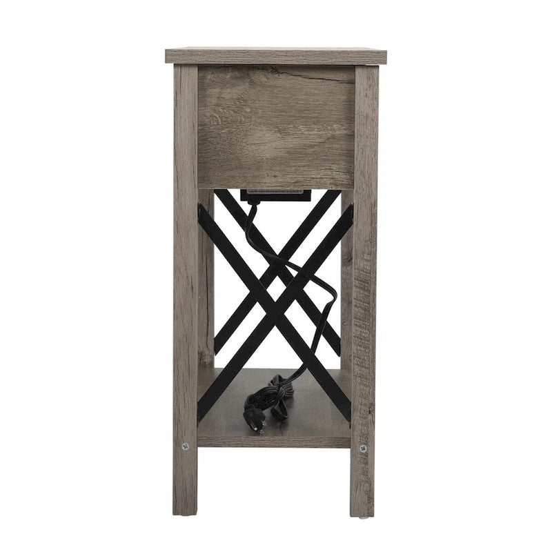 Mesa auxiliar gris estilo granja con tapa abatible, cajón y puertos de carga