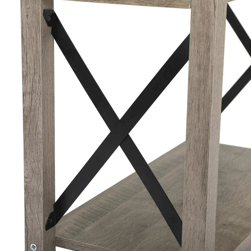 Grijze bijzettafel in boerderijstijl met opklapbaar blad, lade en oplaadpoorten