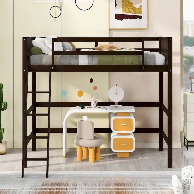 Cama alta Twin de madera maciza de pino con barandillas de seguridad y escalera inclinada