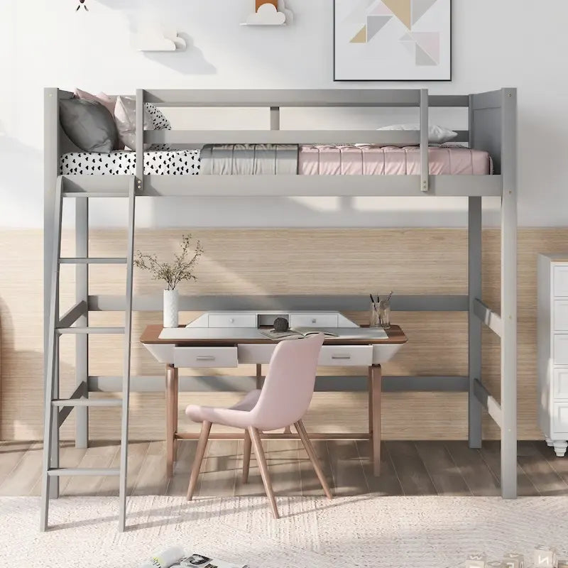 Cama alta Twin de madera maciza de pino con barandillas de seguridad y escalera inclinada