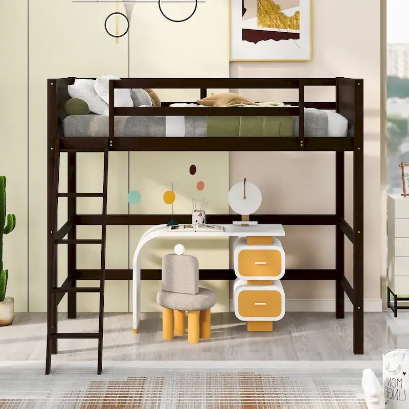 Cama alta Twin de madera maciza de pino con barandillas de seguridad y escalera inclinada