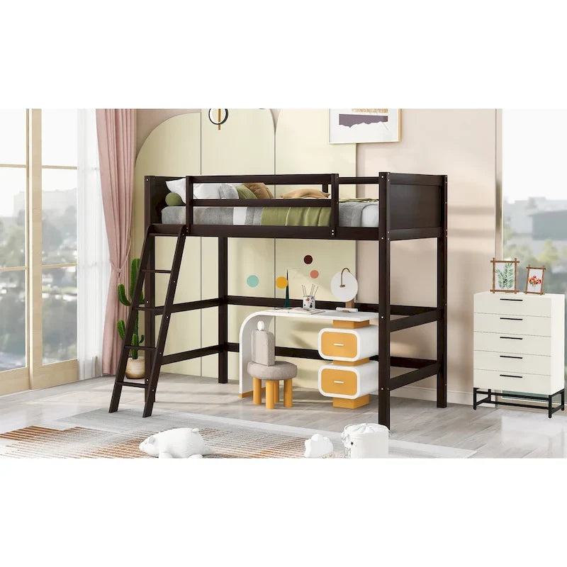 Cama alta Twin de madera maciza de pino con barandillas de seguridad y escalera inclinada