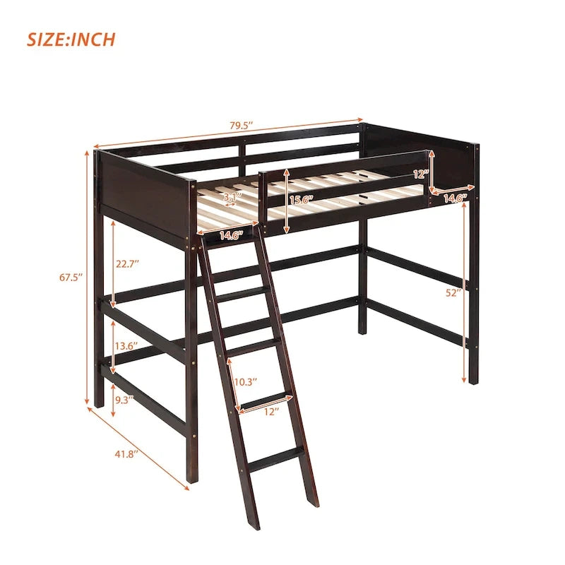 Hochbett aus massivem Kiefernholz in Twin mit Absturzsicherungen und schräger Leiter