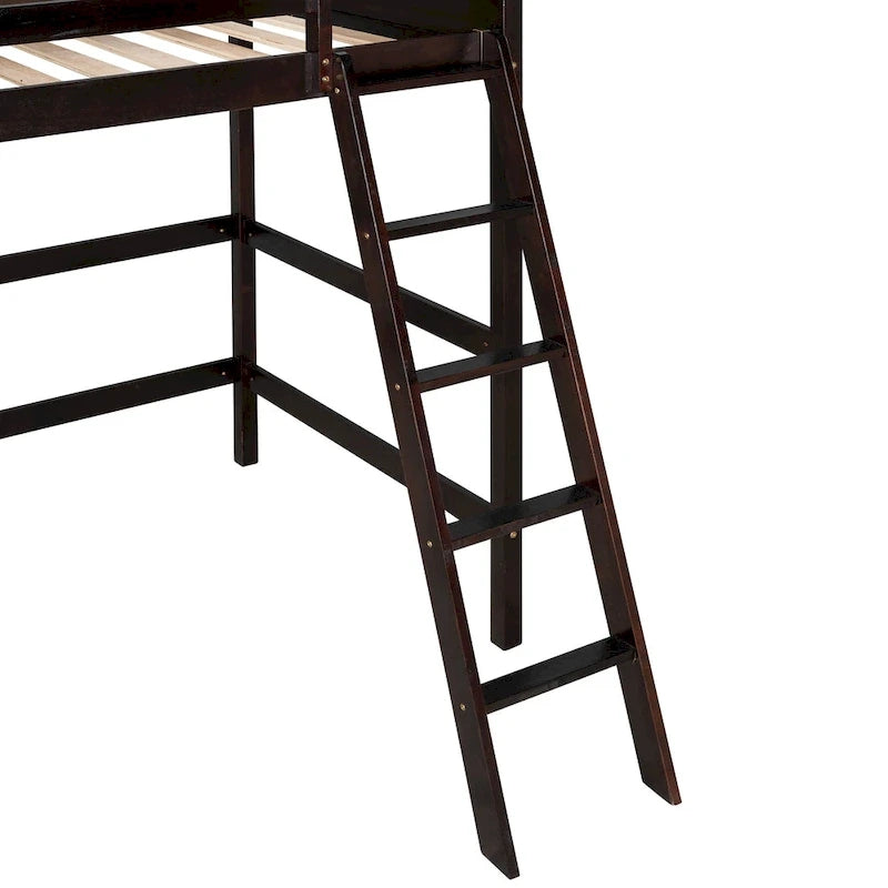 Hochbett aus massivem Kiefernholz in Twin mit Absturzsicherungen und schräger Leiter