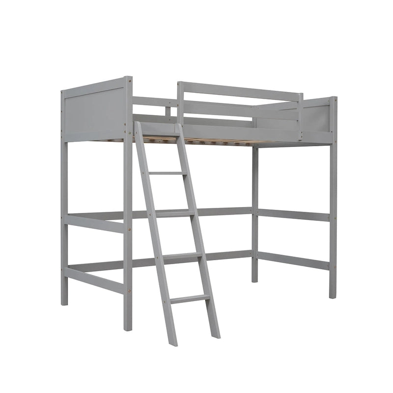 Hochbett aus massivem Kiefernholz in Twin mit Absturzsicherungen und schräger Leiter