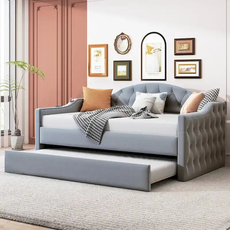 Diván cama Twin de terciopelo con capitoné, cama nido y puertos USB-C