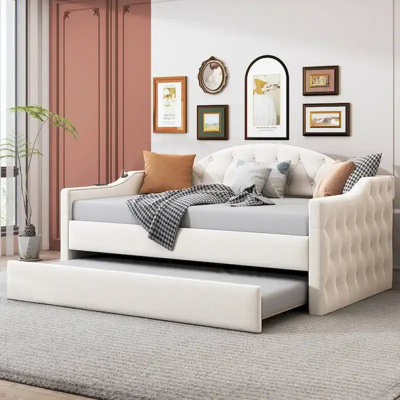 Twin Size Tufted Upholstered Daybed with Trundle ,Velvet Sofabed with USB&Type-C Charging Ports,No Box-spring Needed