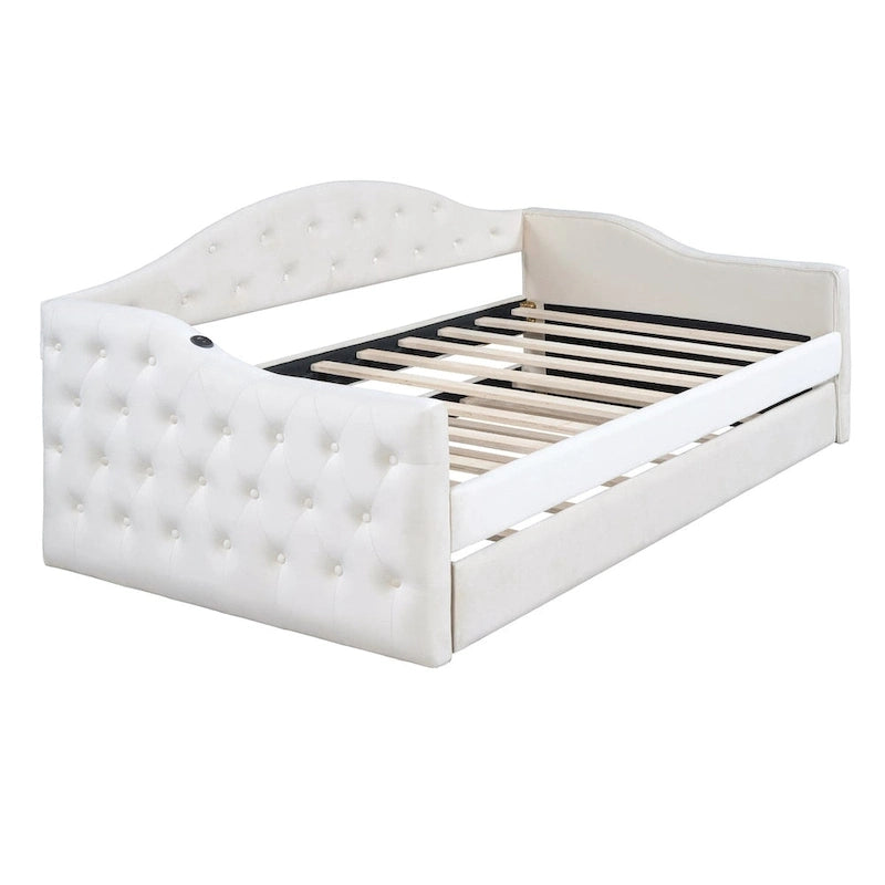 Lit de repos une place capitonné en velours avec lit gigogne et ports USB-C