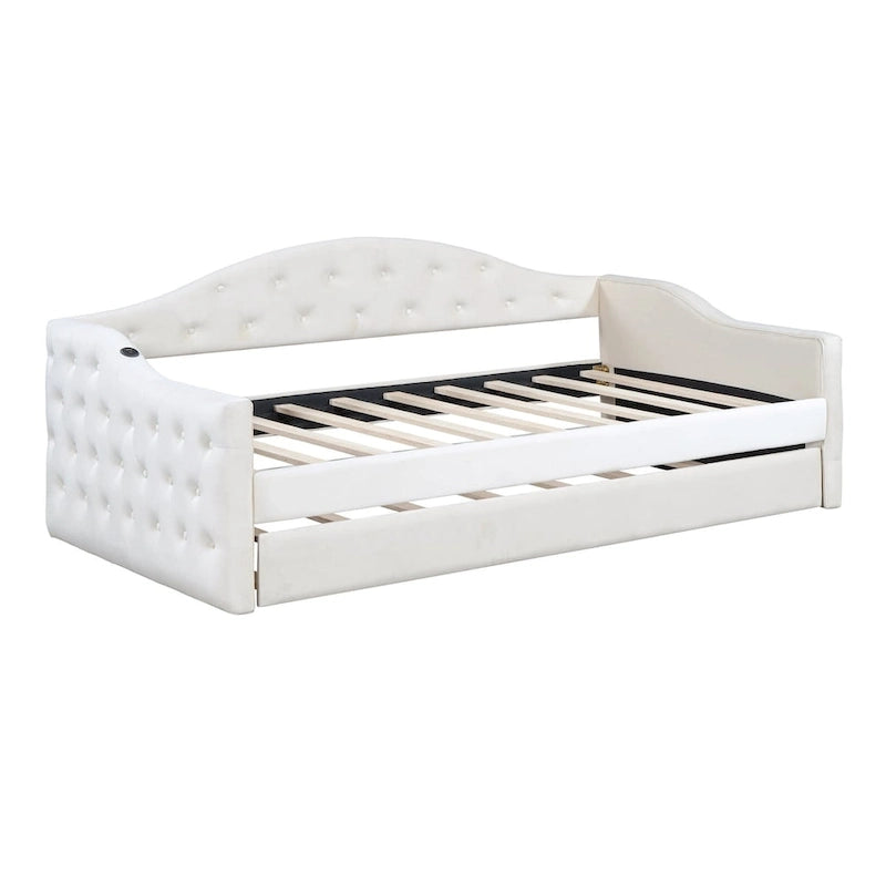 Diván cama Twin de terciopelo con capitoné, cama nido y puertos USB-C