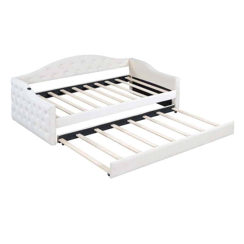 Lit de repos une place capitonné en velours avec lit gigogne et ports USB-C
