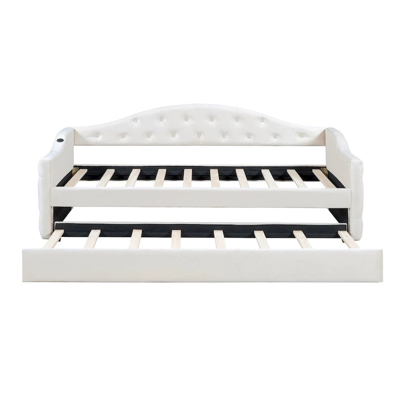 Lit de repos une place capitonné en velours avec lit gigogne et ports USB-C