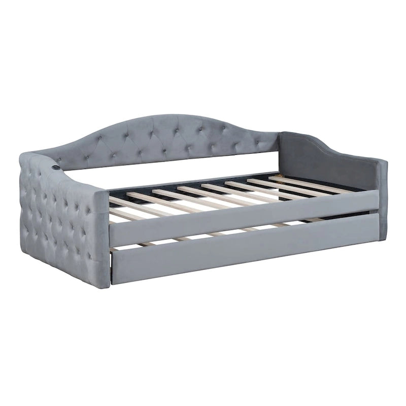 Lit de repos une place capitonné en velours avec lit gigogne et ports USB-C