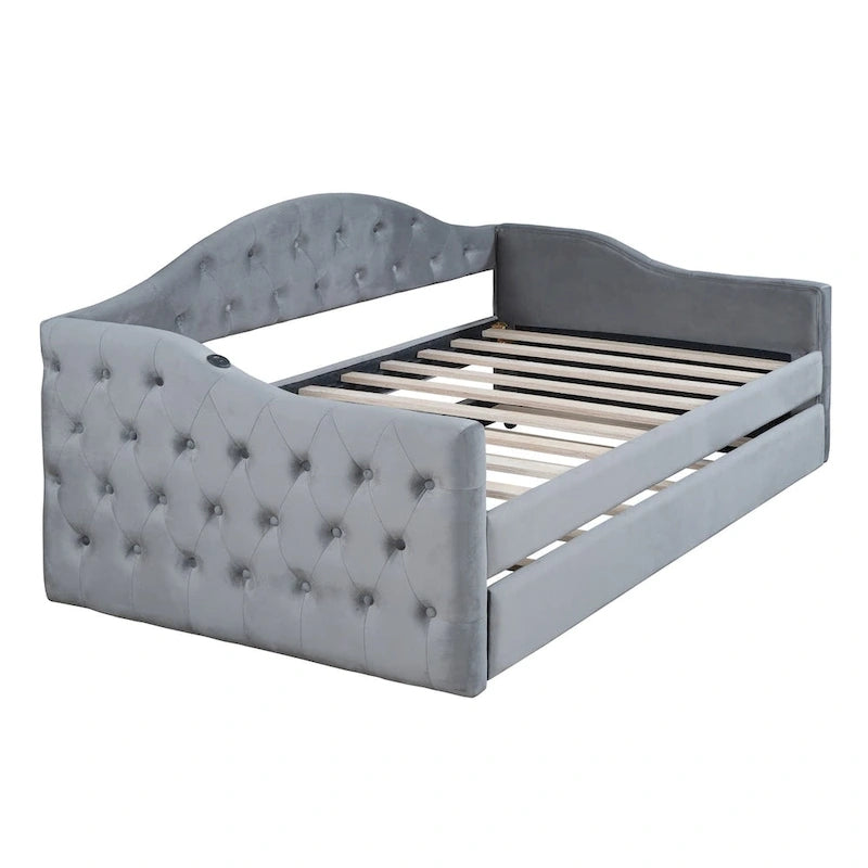 Lit de repos une place capitonné en velours avec lit gigogne et ports USB-C