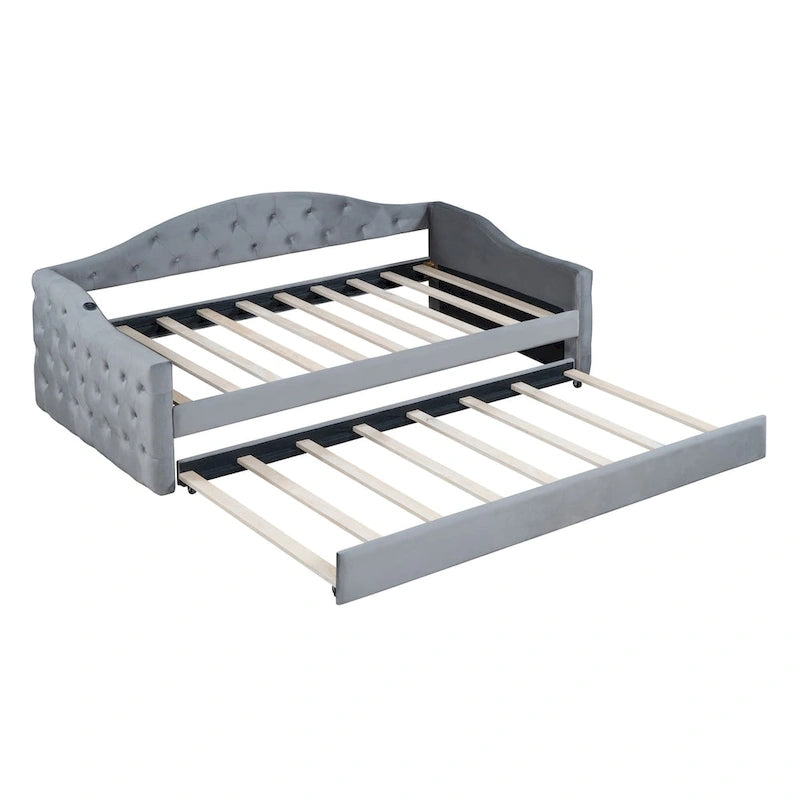 Lit de repos une place capitonné en velours avec lit gigogne et ports USB-C