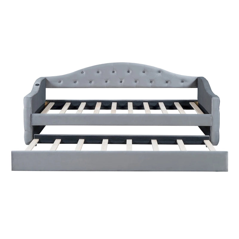 Lit de repos une place capitonné en velours avec lit gigogne et ports USB-C
