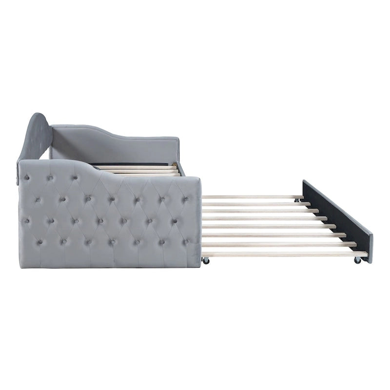 Lit de repos une place capitonné en velours avec lit gigogne et ports USB-C