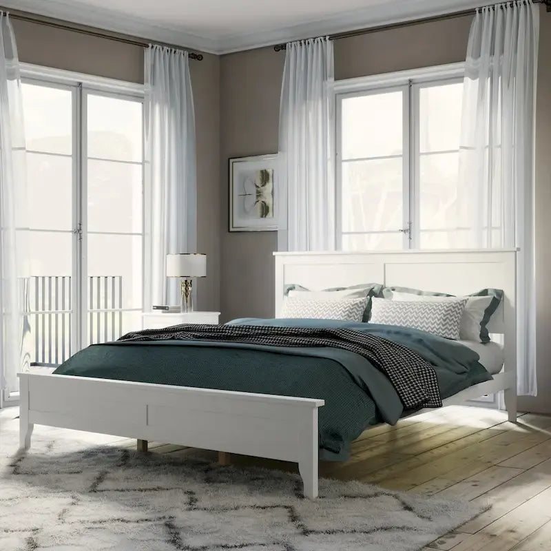 Cama de plataforma tamaño queen de pino y MDF gris con cabecero de listones