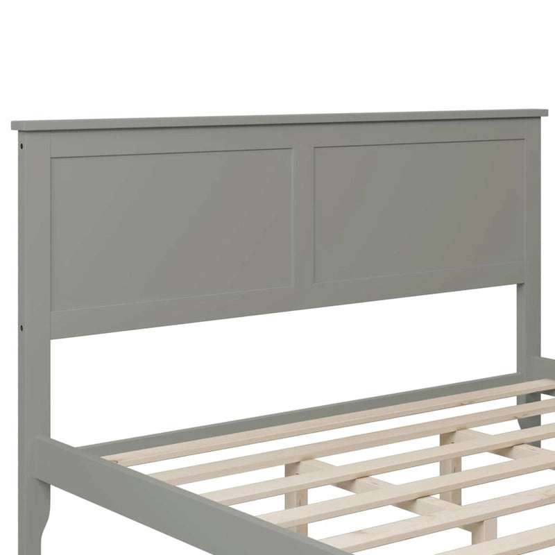 Cama de plataforma tamaño queen de pino y MDF gris con cabecero de listones