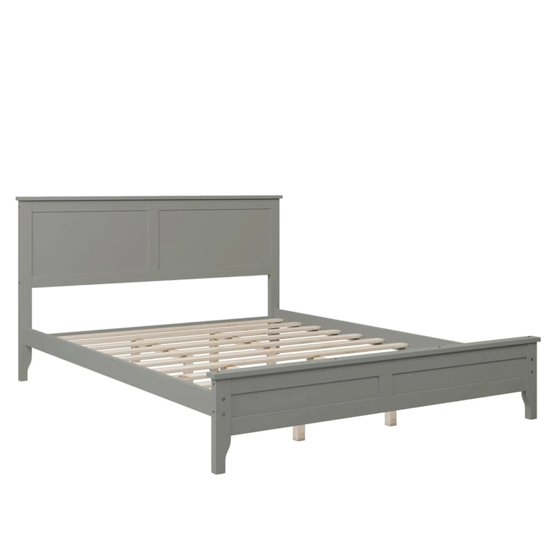 Cama de plataforma tamaño queen de pino y MDF gris con cabecero de listones