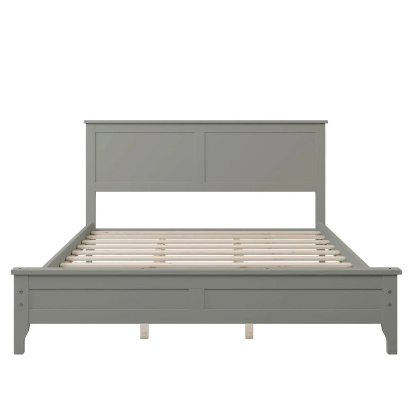 Cama de plataforma tamaño queen de pino y MDF gris con cabecero de listones