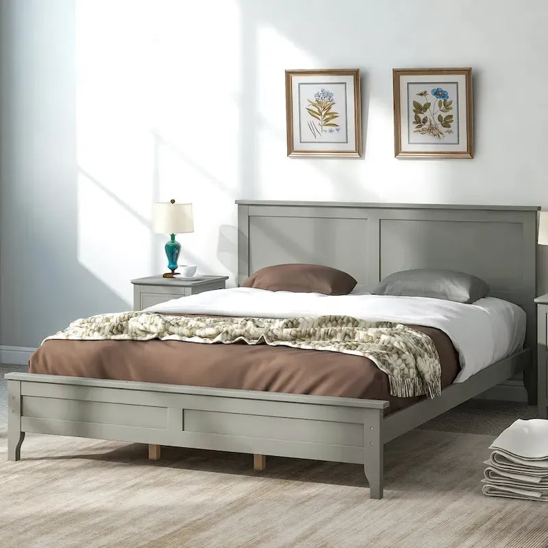 Cama de plataforma tamaño queen de pino y MDF gris con cabecero de listones