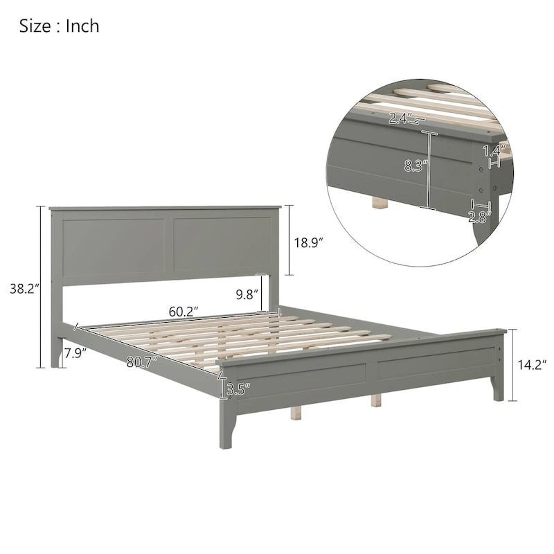 Cama de plataforma tamaño queen de pino y MDF gris con cabecero de listones