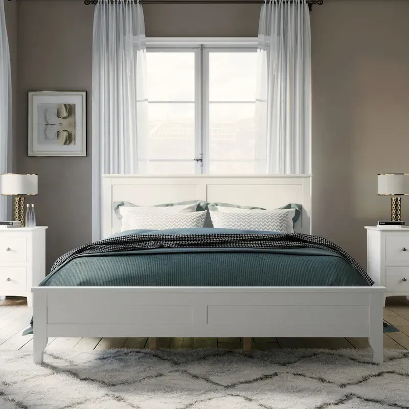 Cama de plataforma tamaño queen de pino y MDF gris con cabecero de listones