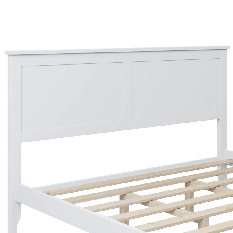 Cama de plataforma tamaño queen de pino y MDF gris con cabecero de listones