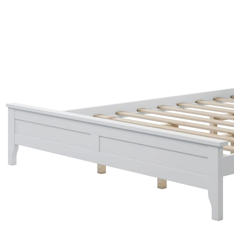 Cama de plataforma tamaño queen de pino y MDF gris con cabecero de listones