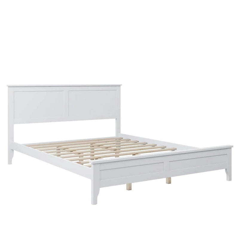 Cama de plataforma tamaño queen de pino y MDF gris con cabecero de listones