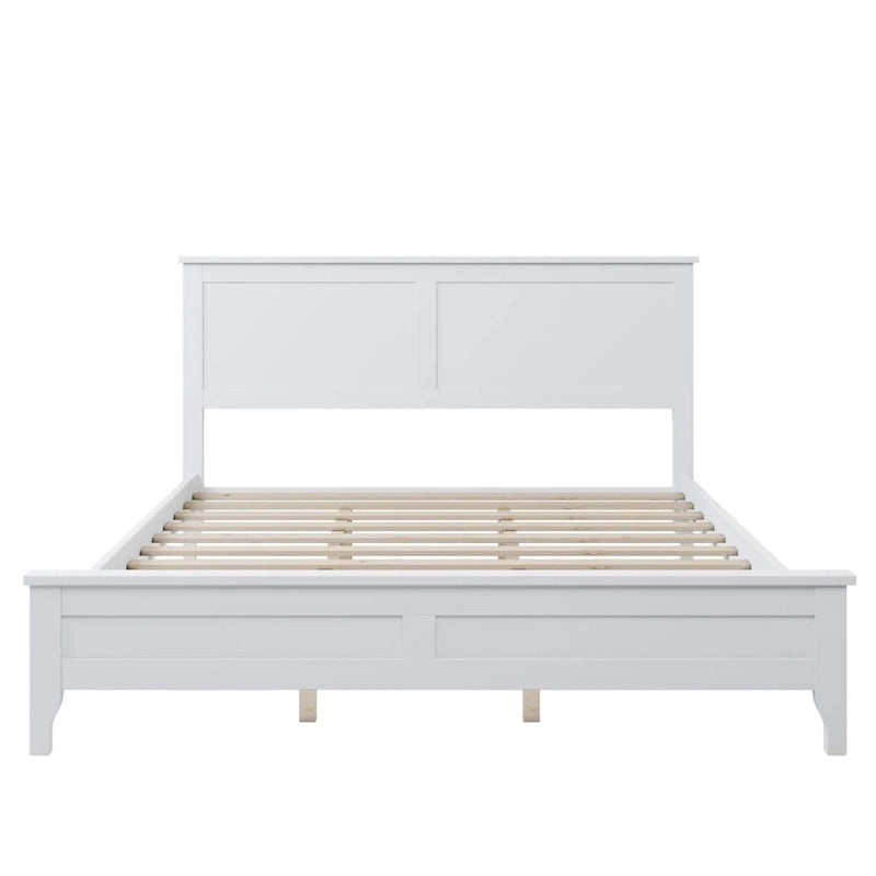 Cama de plataforma tamaño queen de pino y MDF gris con cabecero de listones