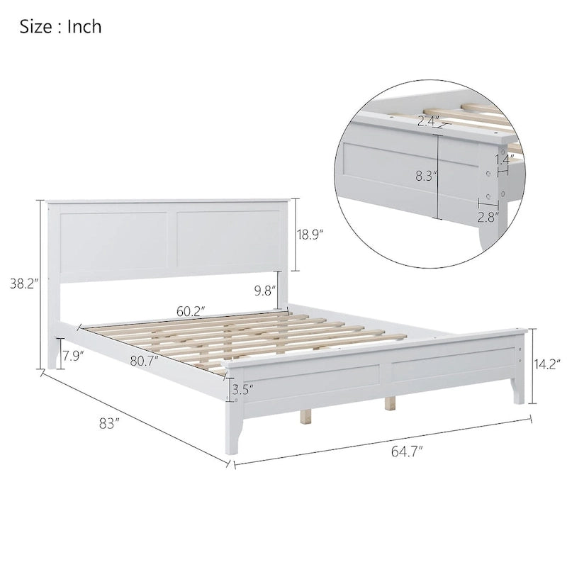 Cama de plataforma tamaño queen de pino y MDF gris con cabecero de listones