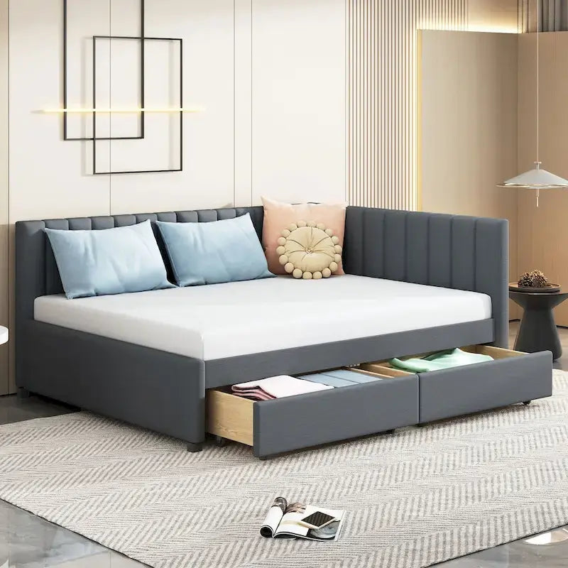 Divanetto letto matrimoniale imbottito in lino con due cassetti portaoggetti