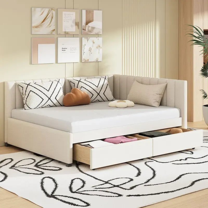 Divanetto letto matrimoniale imbottito in lino con due cassetti portaoggetti