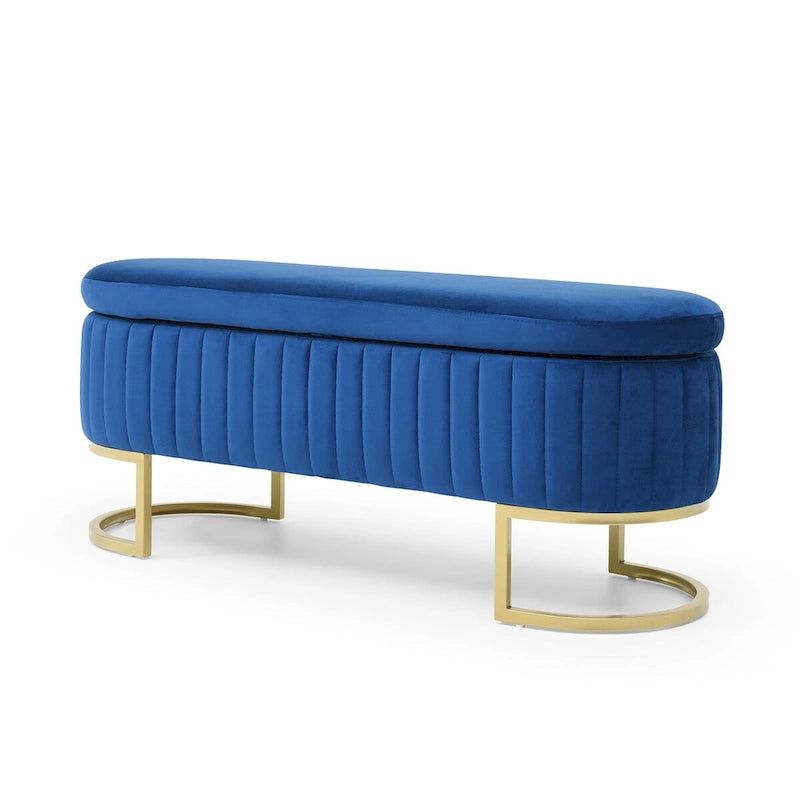 Oval Upholstered Storage Bench with Lift Top and Gold Metal Legs