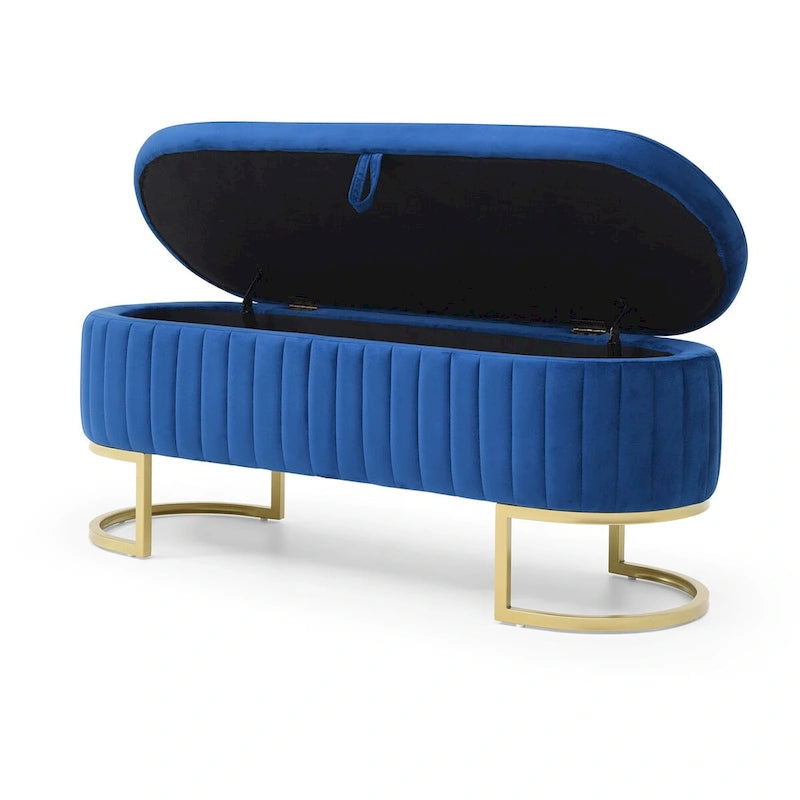 Banco de almacenamiento tapizado ovalado con tapa elevable y patas de metal dorado