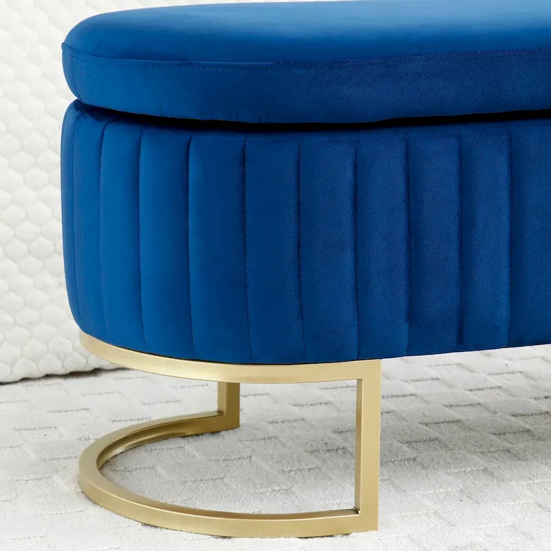Oval Upholstered Storage Bench with Lift Top and Gold Metal Legs