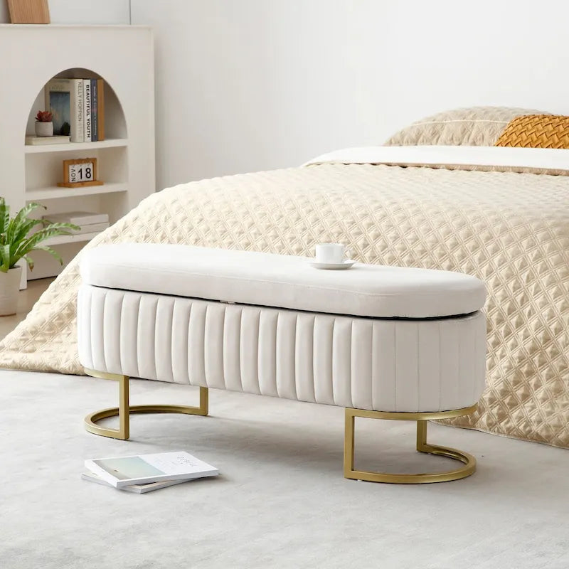 Oval Upholstered Storage Bench with Lift Top and Gold Metal Legs