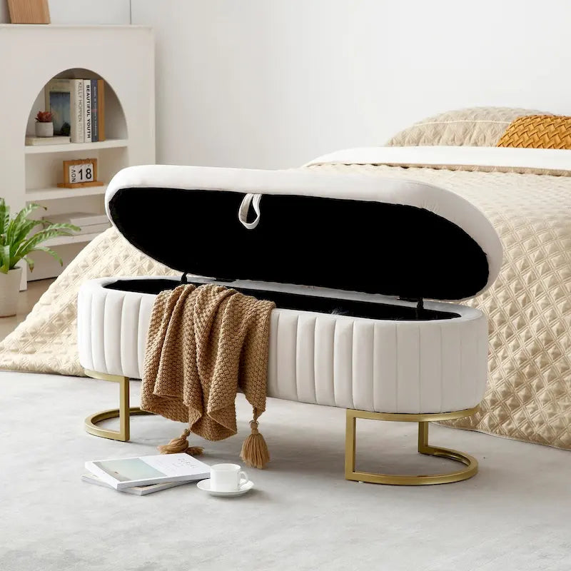 Oval Upholstered Storage Bench with Lift Top and Gold Metal Legs