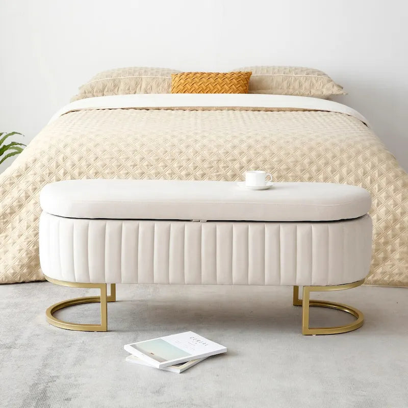 Oval Upholstered Storage Bench with Lift Top and Gold Metal Legs