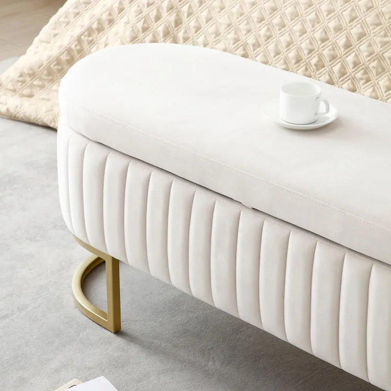 Oval Upholstered Storage Bench with Lift Top and Gold Metal Legs