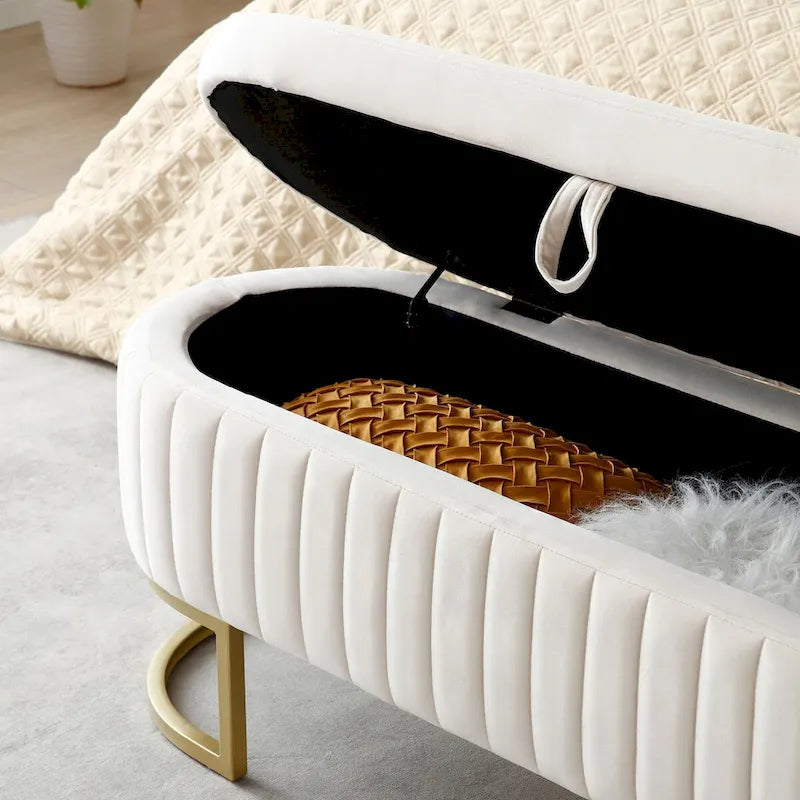 Oval Upholstered Storage Bench with Lift Top and Gold Metal Legs