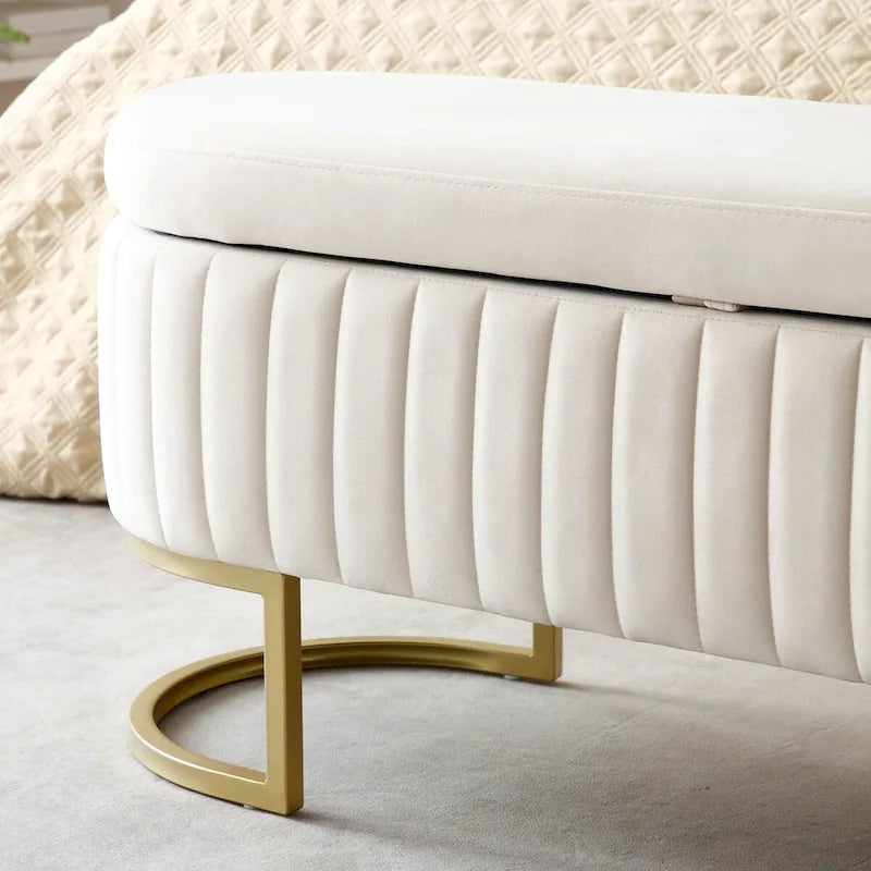 Oval Upholstered Storage Bench with Lift Top and Gold Metal Legs